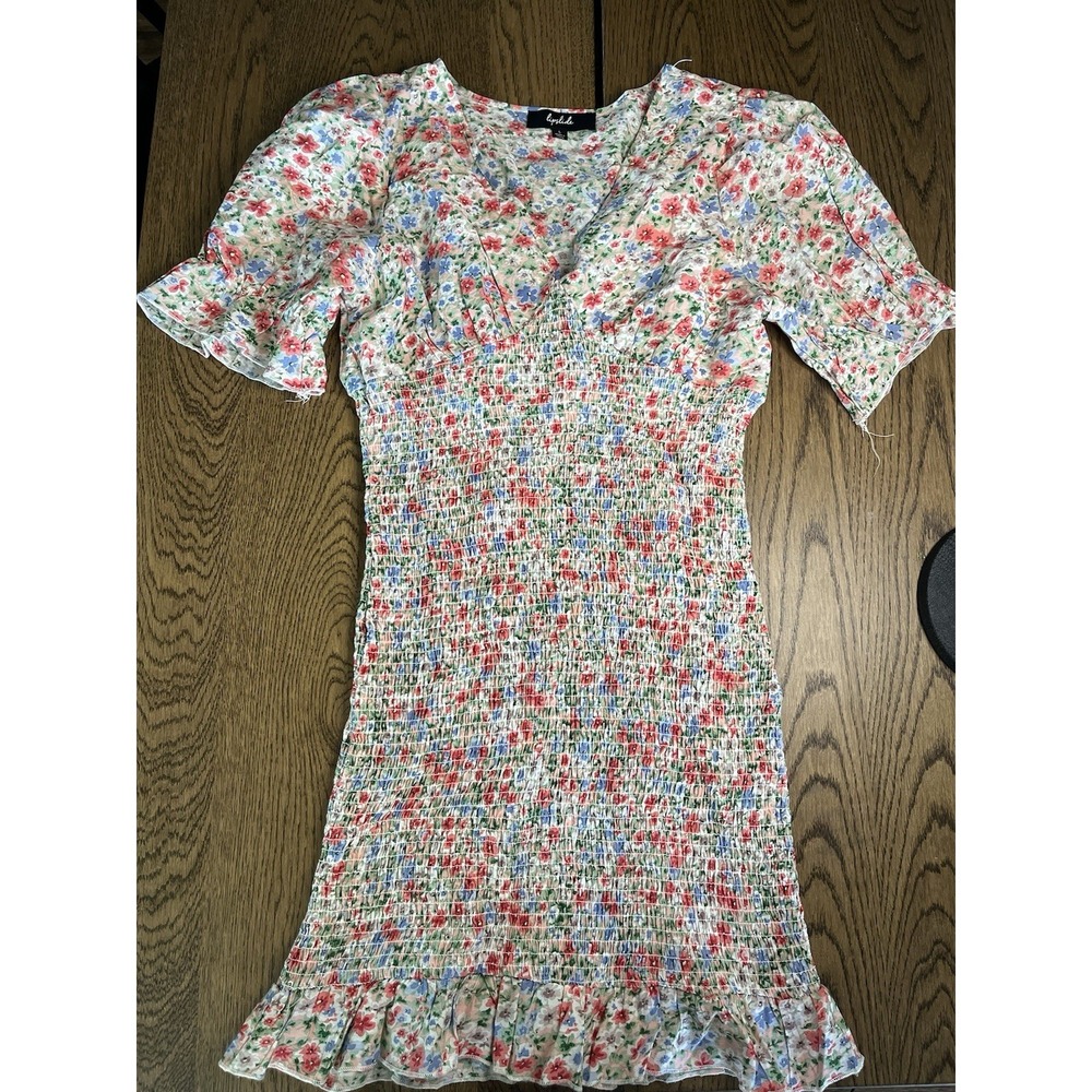 Lipslide Women's Size L Floral Dress Rouched V Neck Short Sleeve Ruffle